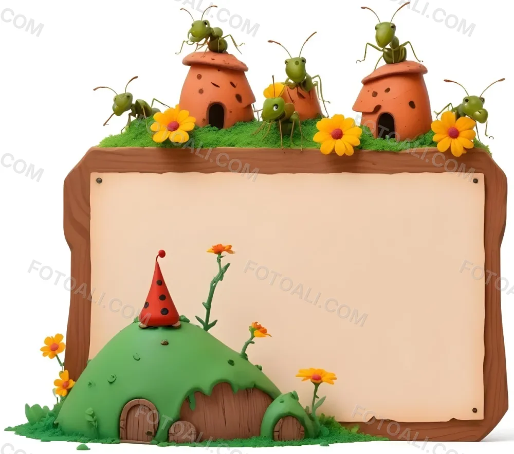 3d Model A Whimsical Scene Featuring A Green Ant Hill With A Small Door And A Chimney Surrounded By Several Cartoon Ants Some Ants Are Wearing Hats The Background Includes A Wooden Sign With A Blank Space For Text A 6 3287