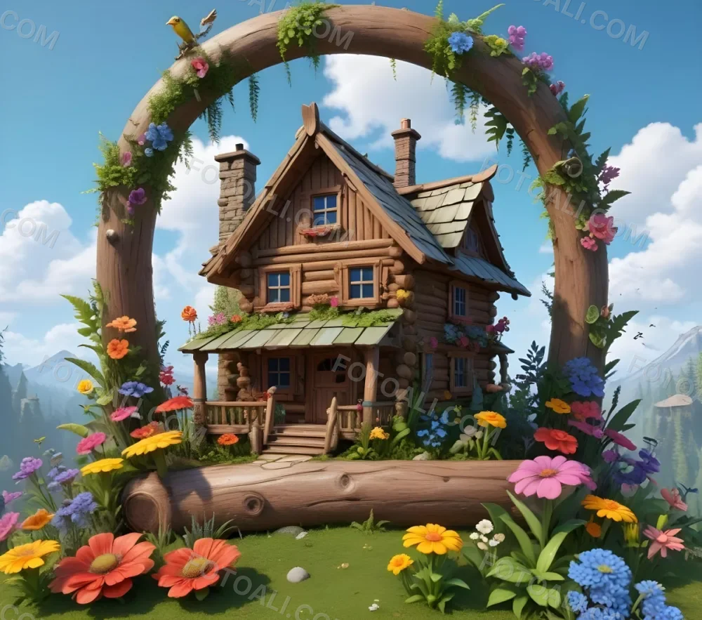 3d Model A Whimsical Scene Featuring A Wooden Log House Surrounded By Colorful Flowers Ferns And Various Cartoonish Animals There Are Two Frogs Two Snails And Several Birds Perched On The House The Background In 1 6263