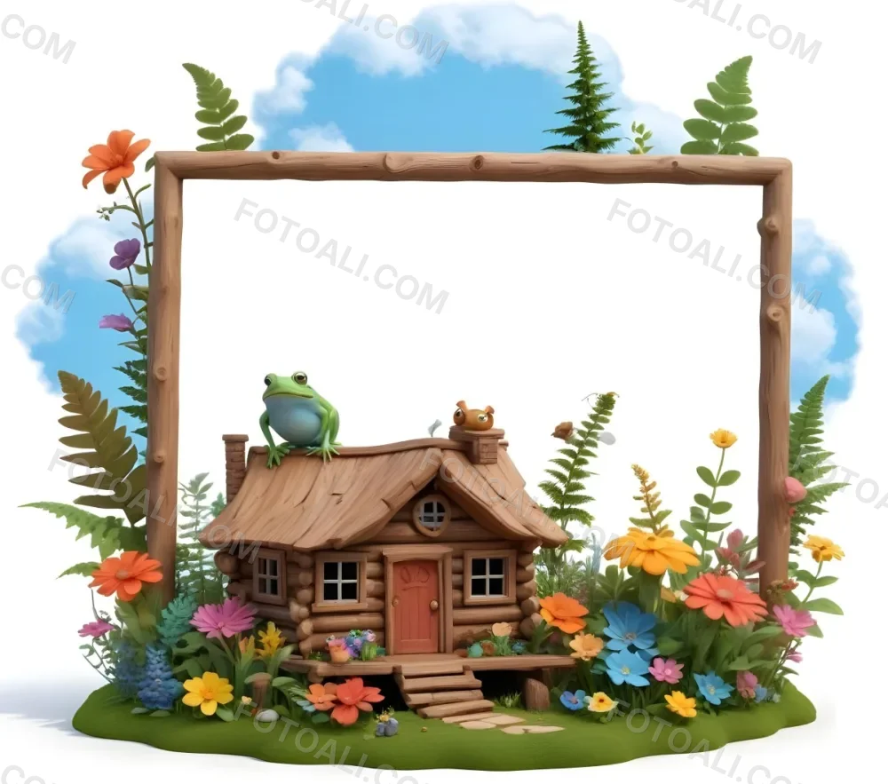 3d Model A Whimsical Scene Featuring A Wooden Log House Surrounded By Colorful Flowers Ferns And Various Cartoonish Animals There Are Two Frogs Two Snails And Several Birds Perched On The House The Background In 1 Dd3c