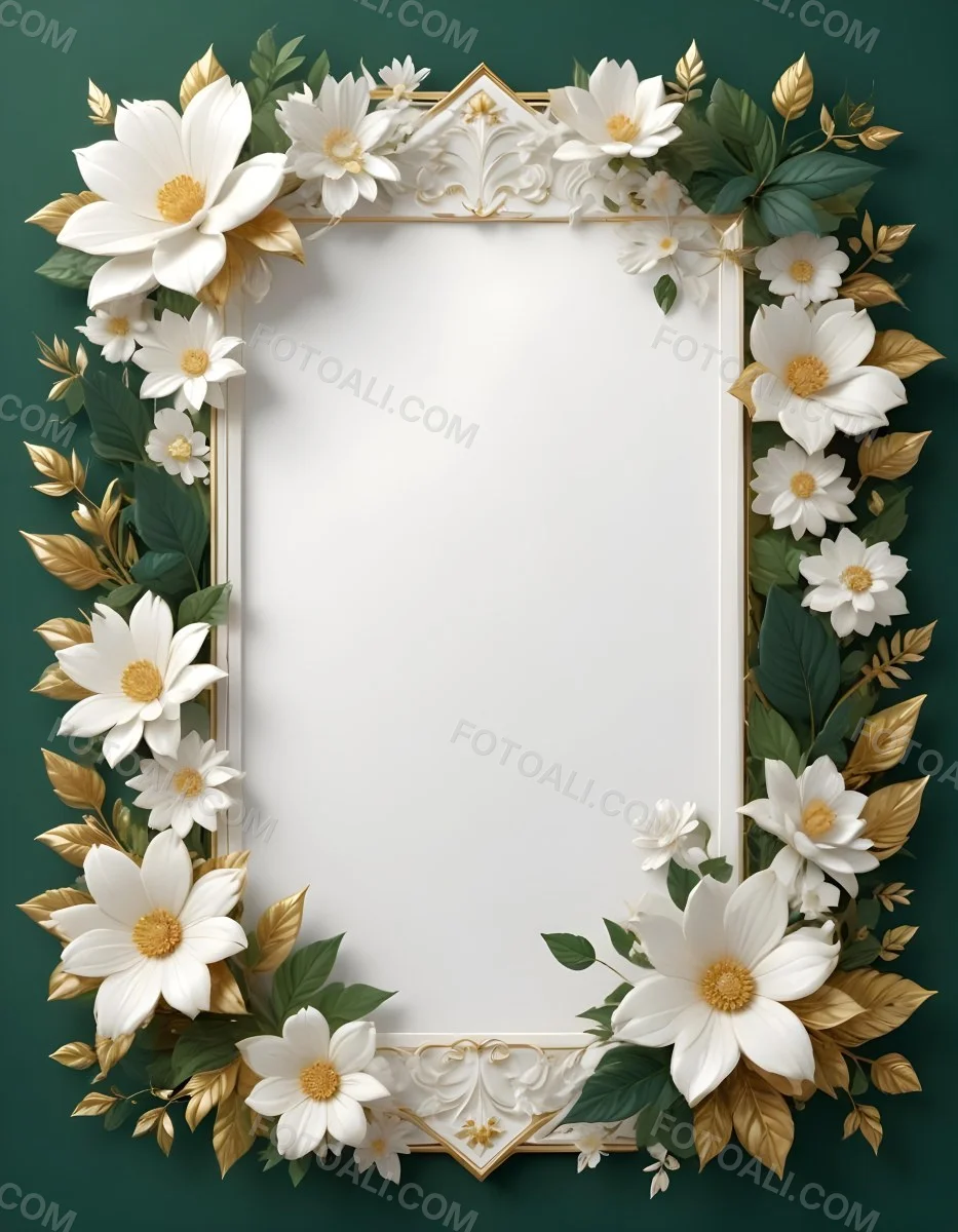 3d Model A White Floral Frame With Gold Accents On A Dark Green Background Featuring Large White Flowers Leaves And Geometric Patterns Figure Octane Render Volumetric Highly Detailed Videogame Aesthetic 10 1e63