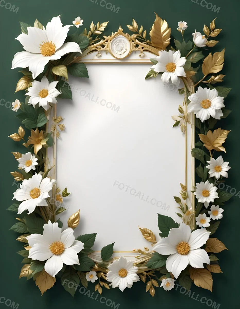 3d Model A White Floral Frame With Gold Accents On A Dark Green Background Featuring Large White Flowers Leaves And Geometric Patterns Figure Octane Render Volumetric Highly Detailed Videogame Aesthetic 14 2ba5