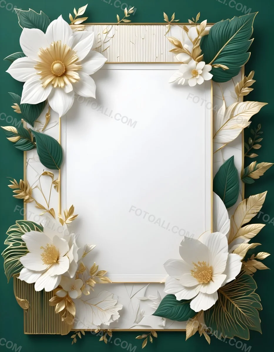 3d Model A White Floral Frame With Gold Accents On A Dark Green Background Featuring Large White Flowers Leaves And Geometric Patterns Figure Octane Render Volumetric Highly Detailed Videogame Aesthetic 30 F534
