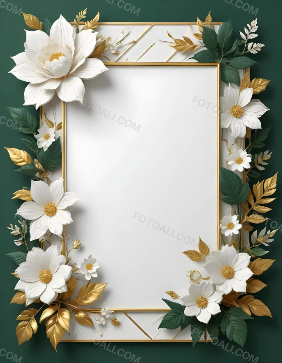 3d Model A White Floral Frame With Gold Accents On A Dark Green Background Featuring Large White Flowers Leaves And Geometric Patterns Figure Octane Render Volumetric Highly Detailed Videogame Aesthetic 34 13d5