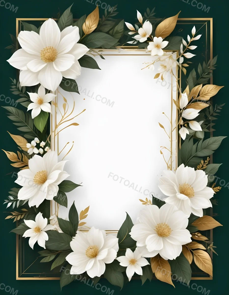 3d Model A White Floral Frame With Gold Accents On A Dark Green Background Featuring Large White Flowers Leaves And Geometric Patterns Figure Octane Render Volumetric Highly Detailed Videogame Aesthetic 36 Fc75