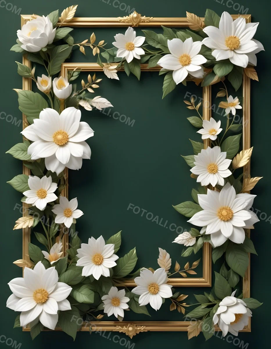 3d Model A White Floral Frame With Gold Accents On A Dark Green Background Featuring Large White Flowers Leaves And Geometric Patterns Figure Octane Render Volumetric Highly Detailed Videogame Aesthetic 4 Ca0c