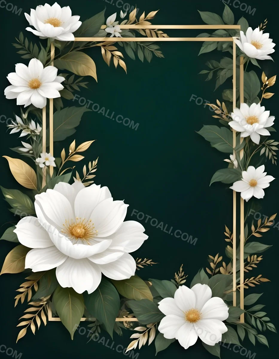 3d Model A White Floral Frame With Gold Accents On A Dark Green Background Featuring Large White Flowers Leaves And Geometric Patterns Figure Octane Render Volumetric Highly Detailed Videogame Aesthetic 43 7eeb