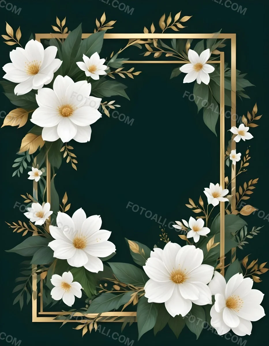 3d Model A White Floral Frame With Gold Accents On A Dark Green Background Featuring Large White Flowers Leaves And Geometric Patterns Figure Octane Render Volumetric Highly Detailed Videogame Aesthetic 45 883f