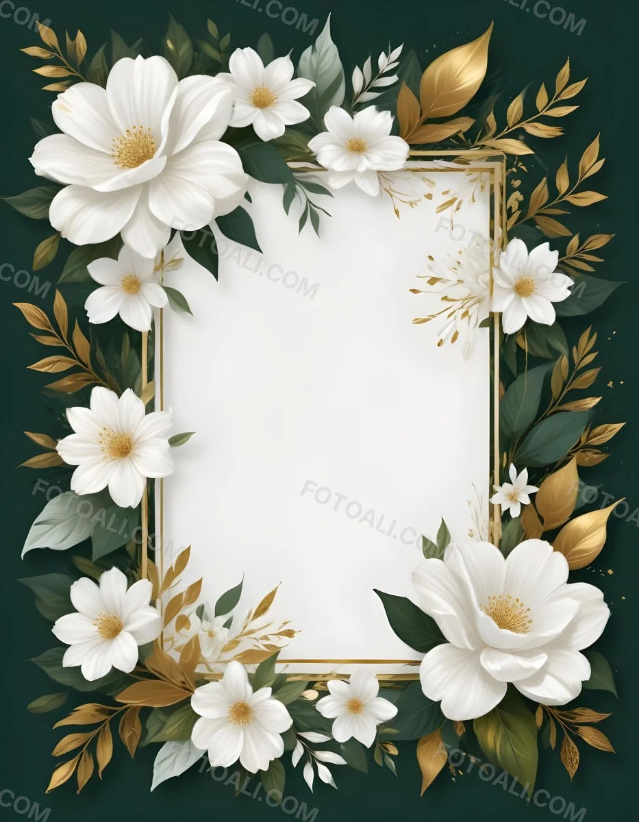 3d Model A White Floral Frame With Gold Accents On A Dark Green Background Featuring Large White Flowers Leaves And Geometric Patterns Figure Octane Render Volumetric Highly Detailed Videogame Aesthetic 49 B54b