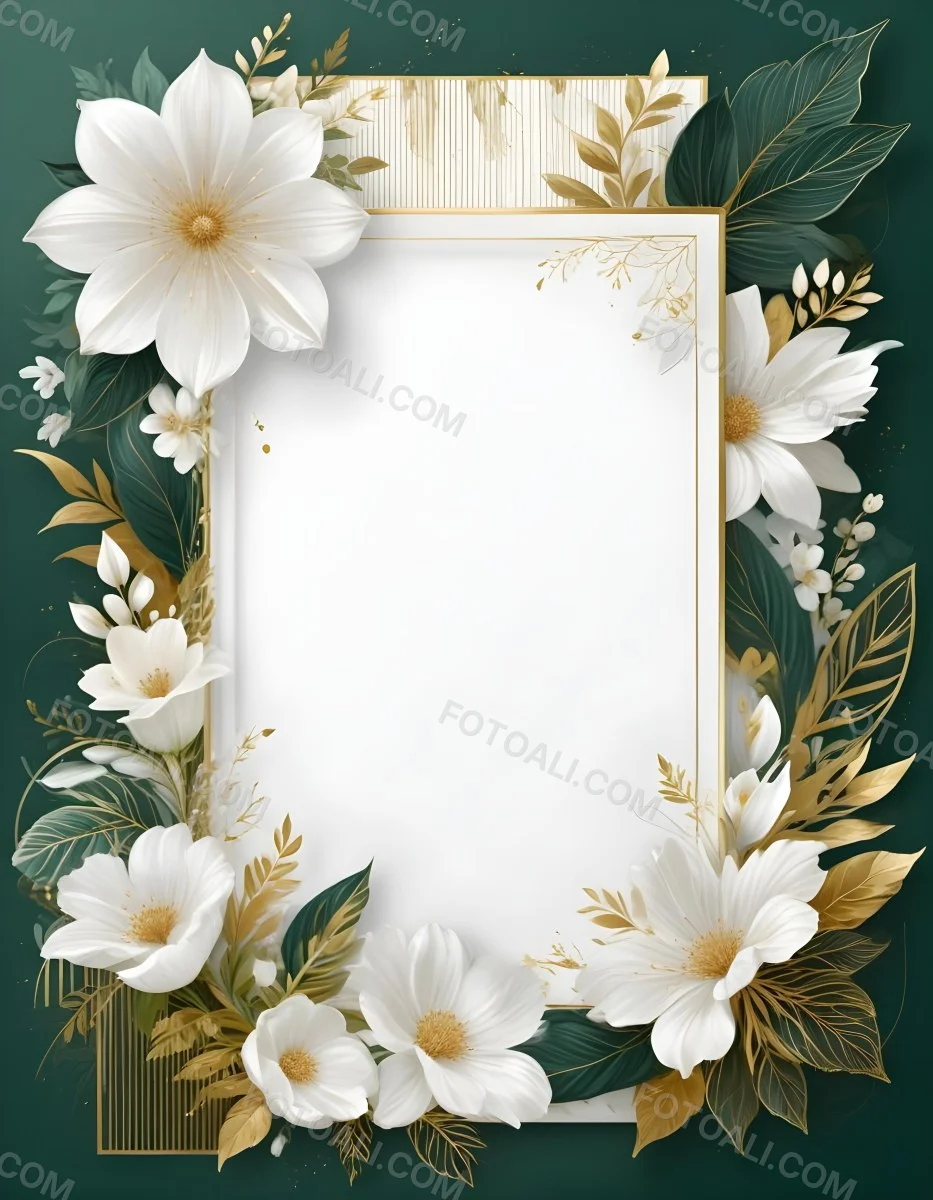 3d Model A White Floral Frame With Gold Accents On A Dark Green Background Featuring Large White Flowers Leaves And Geometric Patterns Figure Octane Render Volumetric Highly Detailed Videogame Aesthetic 50 71e4