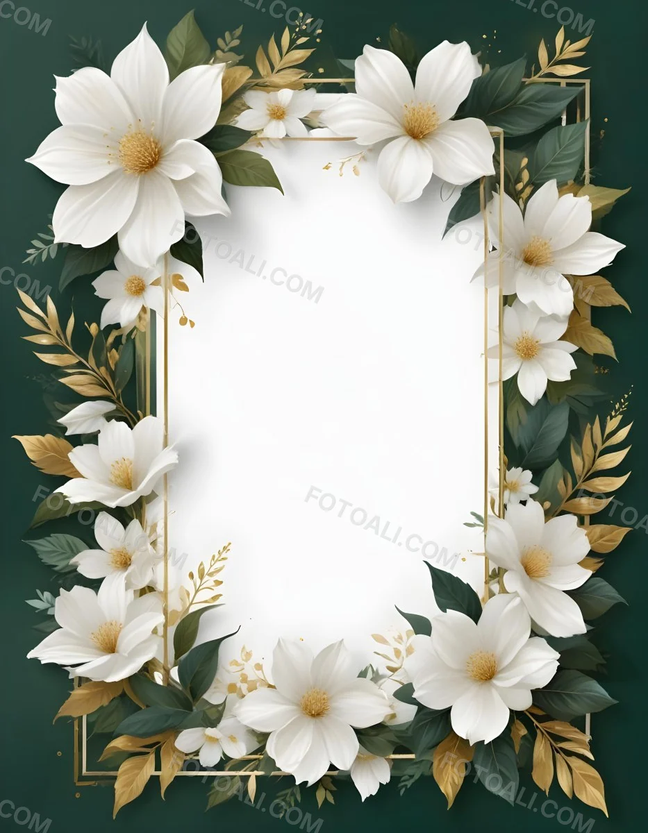 3d Model A White Floral Frame With Gold Accents On A Dark Green Background Featuring Large White Flowers Leaves And Geometric Patterns Figure Octane Render Volumetric Highly Detailed Videogame Aesthetic 51 E7e8