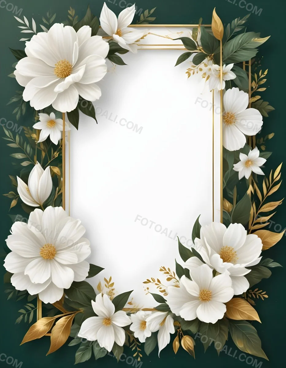 3d Model A White Floral Frame With Gold Accents On A Dark Green Background Featuring Large White Flowers Leaves And Geometric Patterns Figure Octane Render Volumetric Highly Detailed Videogame Aesthetic 52 3154