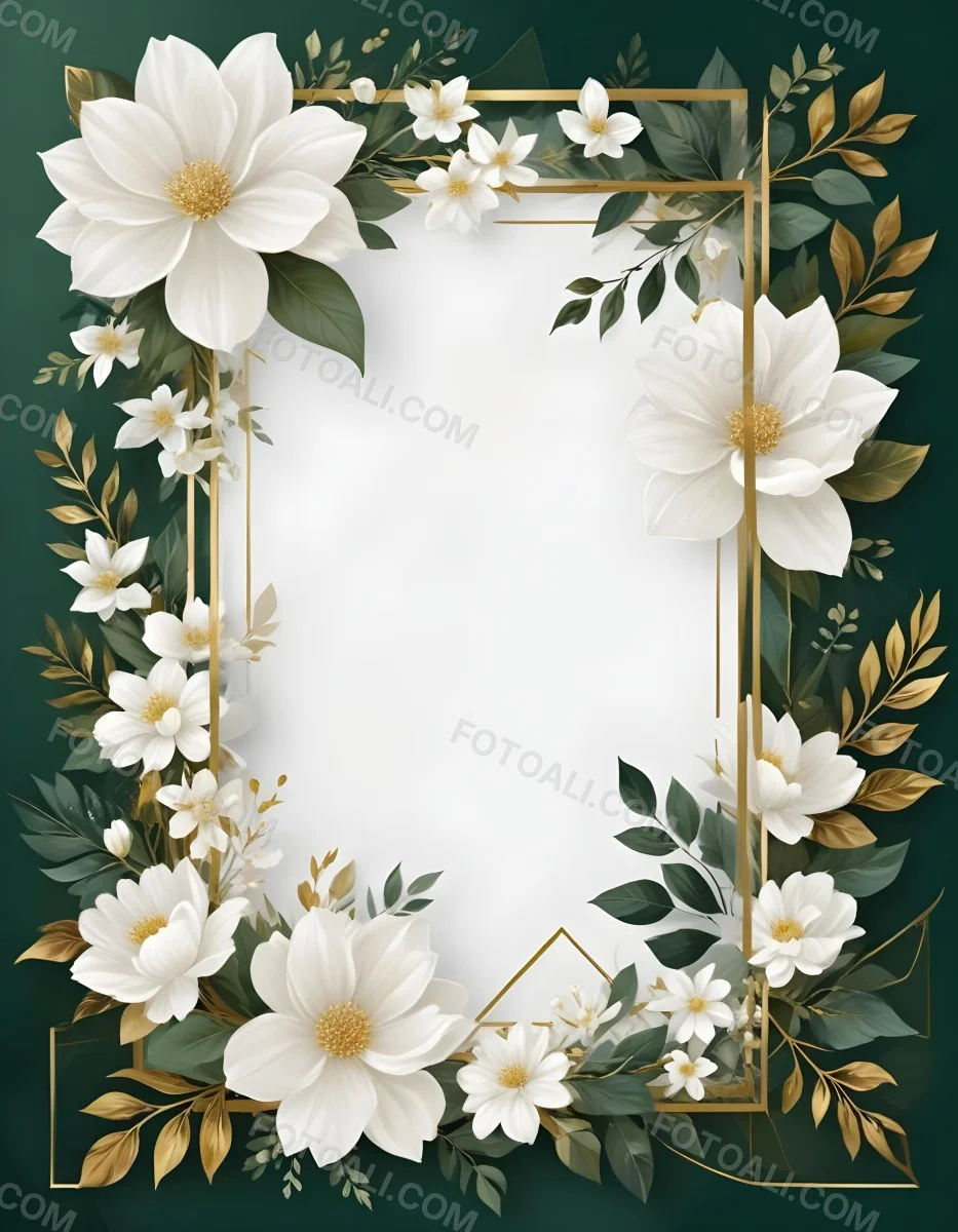 3d Model A White Floral Frame With Gold Accents On A Dark Green Background Featuring Large White Flowers Leaves And Geometric Patterns Figure Octane Render Volumetric Highly Detailed Videogame Aesthetic 53 84d8