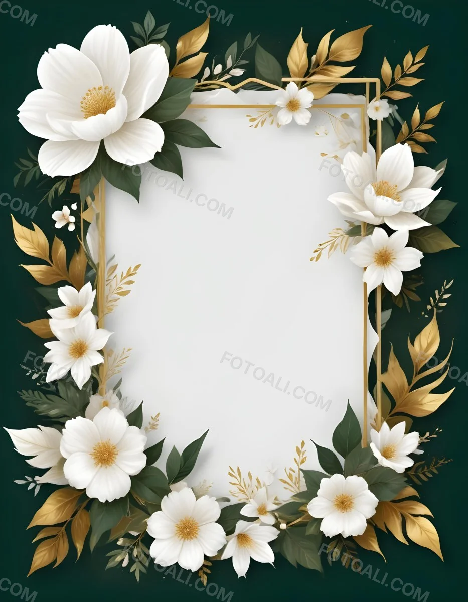 3d Model A White Floral Frame With Gold Accents On A Dark Green Background Featuring Large White Flowers Leaves And Geometric Patterns Figure Octane Render Volumetric Highly Detailed Videogame Aesthetic 55 1998