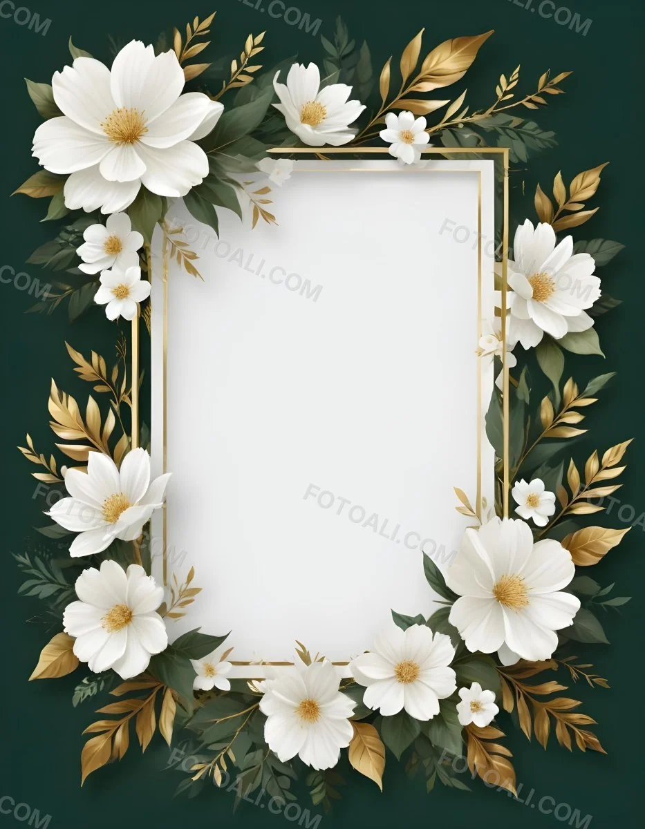 3d Model A White Floral Frame With Gold Accents On A Dark Green Background Featuring Large White Flowers Leaves And Geometric Patterns Figure Octane Render Volumetric Highly Detailed Videogame Aesthetic 56 3761