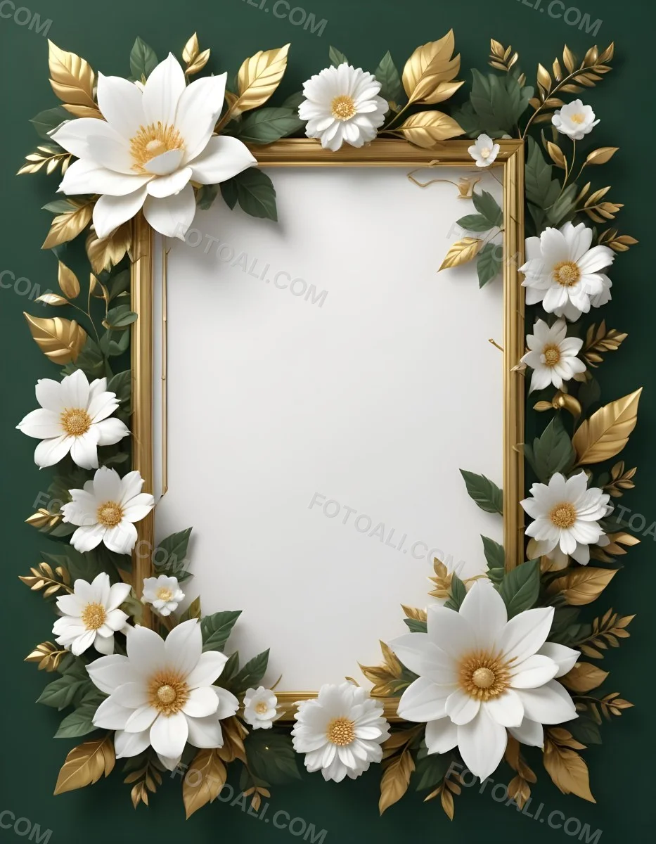 3d Model A White Floral Frame With Gold Accents On A Dark Green Background Featuring Large White Flowers Leaves And Geometric Patterns Figure Octane Render Volumetric Highly Detailed Videogame Aesthetic 58 A1ef