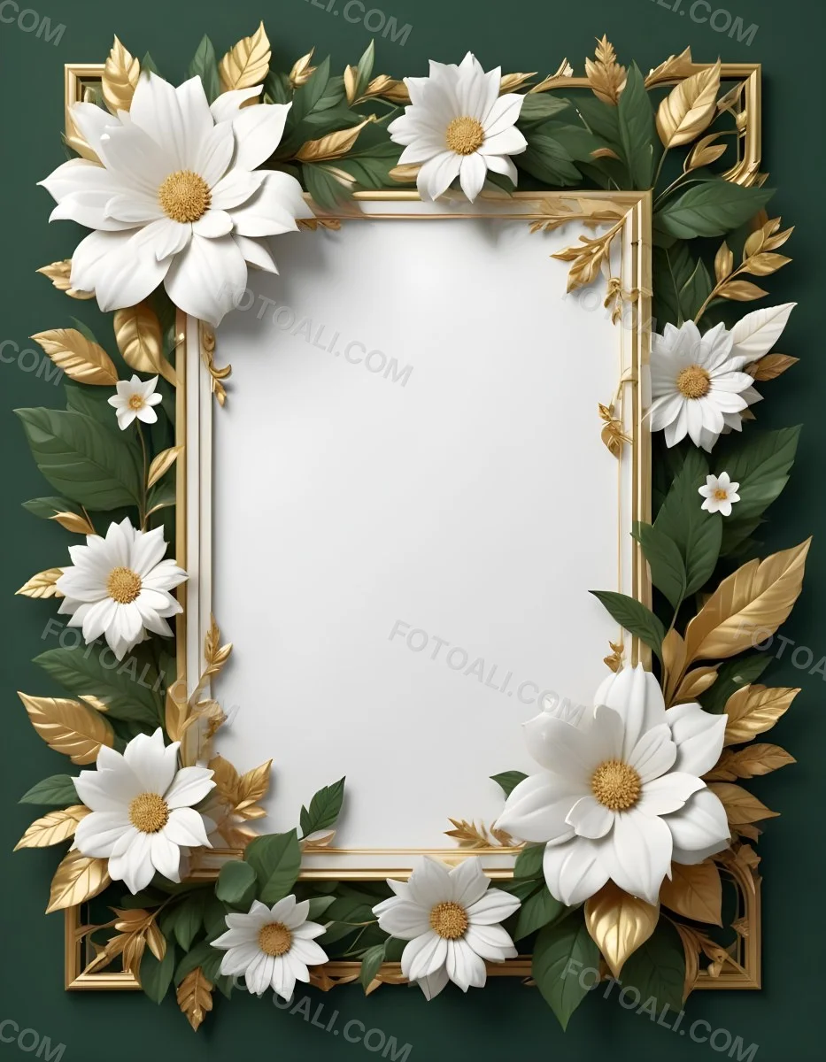 3d Model A White Floral Frame With Gold Accents On A Dark Green Background Featuring Large White Flowers Leaves And Geometric Patterns Figure Octane Render Volumetric Highly Detailed Videogame Aesthetic 6 F008