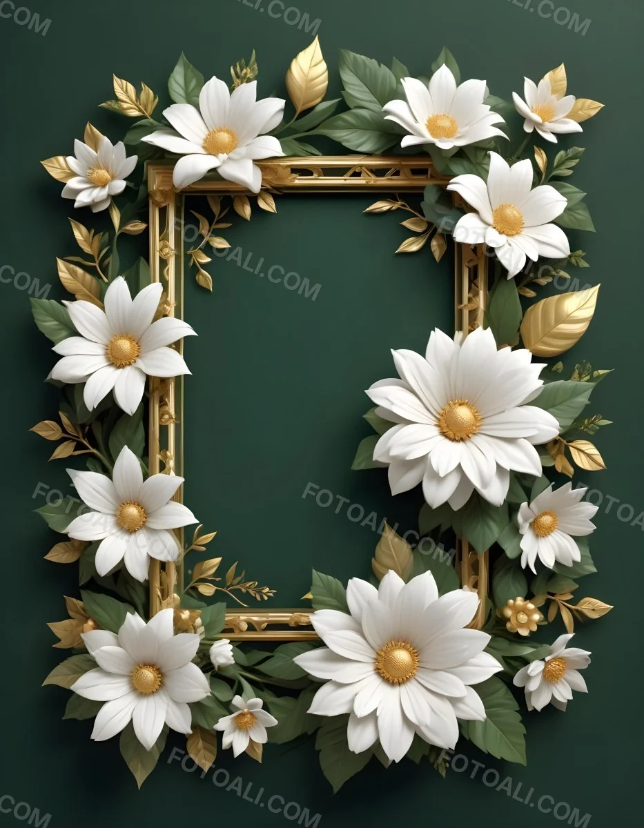 3d Model A White Floral Frame With Gold Accents On A Dark Green Background Featuring Large White Flowers Leaves And Geometric Patterns Figure Octane Render Volumetric Highly Detailed Videogame Aesthetic 7 E678
