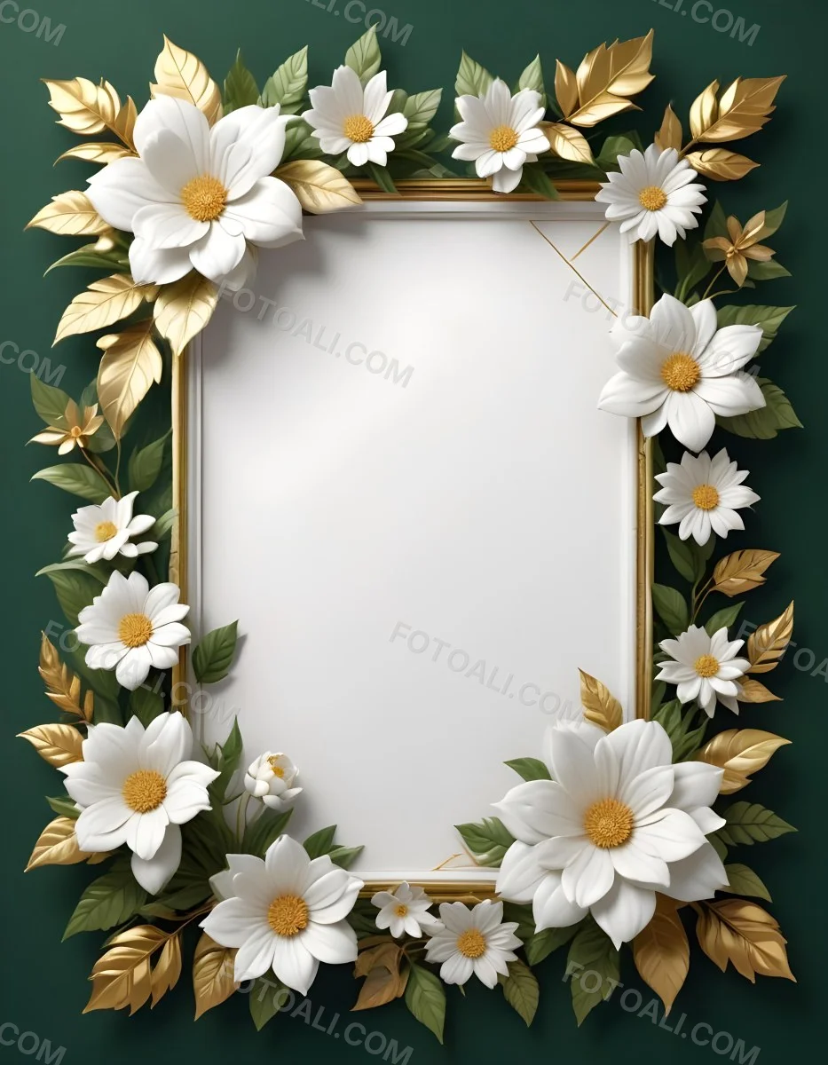 3d Model A White Floral Frame With Gold Accents On A Dark Green Background Featuring Large White Flowers Leaves And Geometric Patterns Figure Octane Render Volumetric Highly Detailed Videogame Aesthetic 8 661f