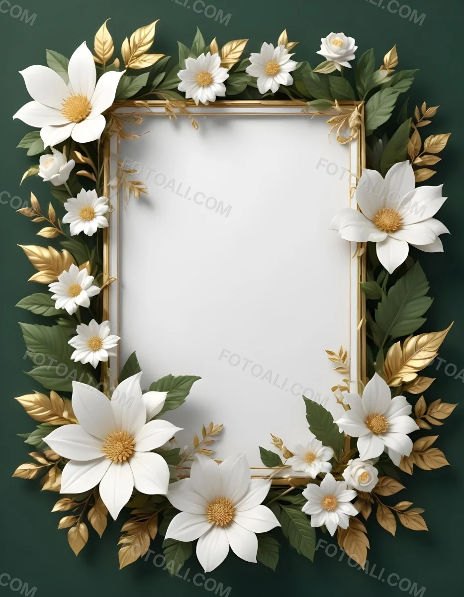 3d Model A White Floral Frame With Gold Accents On A Dark Green Background Featuring Large White Flowers Leaves And Geometric Patterns Figure Octane Render Volumetric Highly Detailed Videogame Aesthetic 9 2466