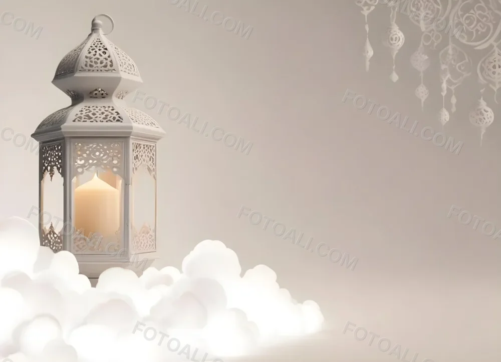 3d Model A White Lantern With Candle On A Cloud White Background With Arabesque Pattern Islamic Design Ramadan Kareem Figure Octane Render Volumetric Highly Detailed Videogame Aesthetic 12 5389