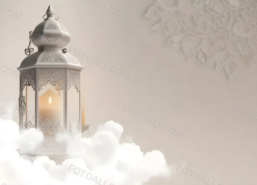 3d Model A White Lantern With Candle On A Cloud White Background With Arabesque Pattern Islamic Design Ramadan Kareem Figure Octane Render Volumetric Highly Detailed Videogame Aesthetic 16 605c