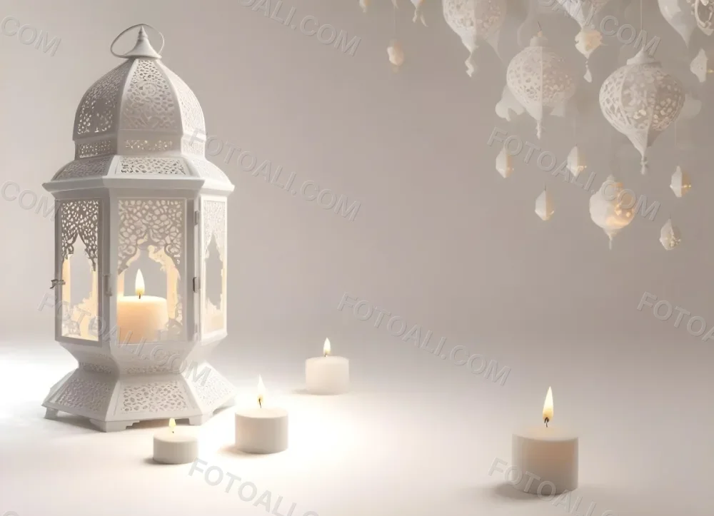 3d Model A White Lantern With Candle On A Cloud White Background With Arabesque Pattern Islamic Design Ramadan Kareem Figure Octane Render Volumetric Highly Detailed Videogame Aesthetic 26 497c