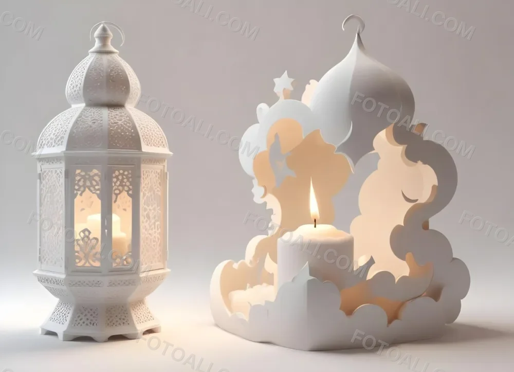 3d Model A White Lantern With Candle On A Cloud White Background With Arabesque Pattern Islamic Design Ramadan Kareem Figure Octane Render Volumetric Highly Detailed Videogame Aesthetic 3 Afdd