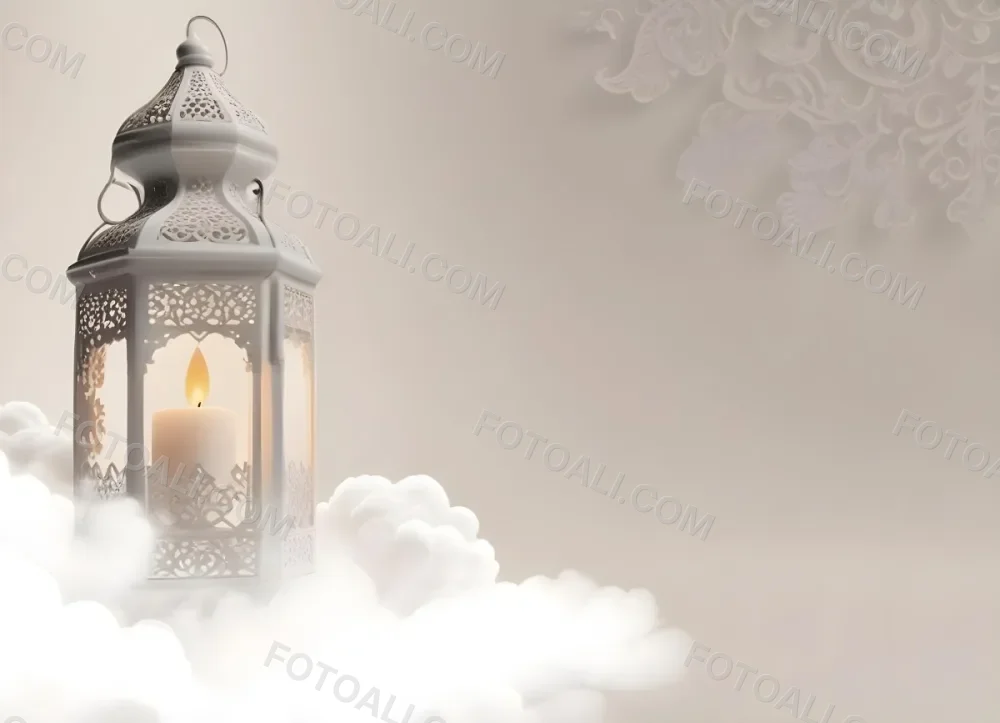 3d Model A White Lantern With Candle On A Cloud White Background With Arabesque Pattern Islamic Design Ramadan Kareem Figure Octane Render Volumetric Highly Detailed Videogame Aesthetic 33 Ddcd