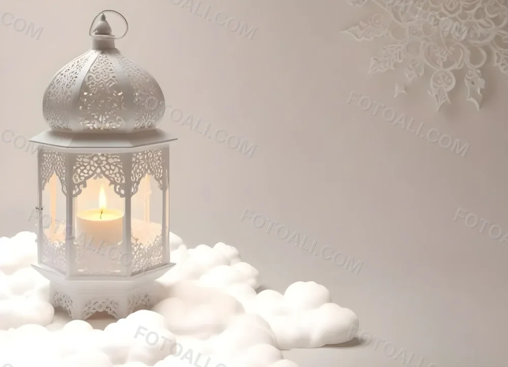 3d Model A White Lantern With Candle On A Cloud White Background With Arabesque Pattern Islamic Design Ramadan Kareem Figure Octane Render Volumetric Highly Detailed Videogame Aesthetic 34 5736