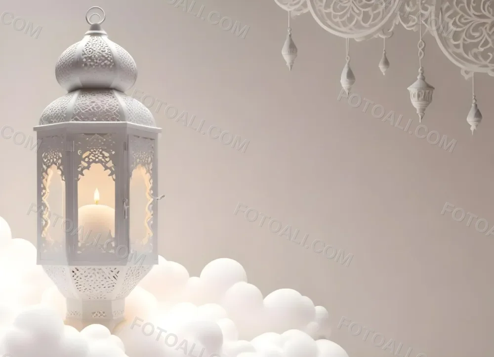 3d Model A White Lantern With Candle On A Cloud White Background With Arabesque Pattern Islamic Design Ramadan Kareem Figure Octane Render Volumetric Highly Detailed Videogame Aesthetic 35 F0f7