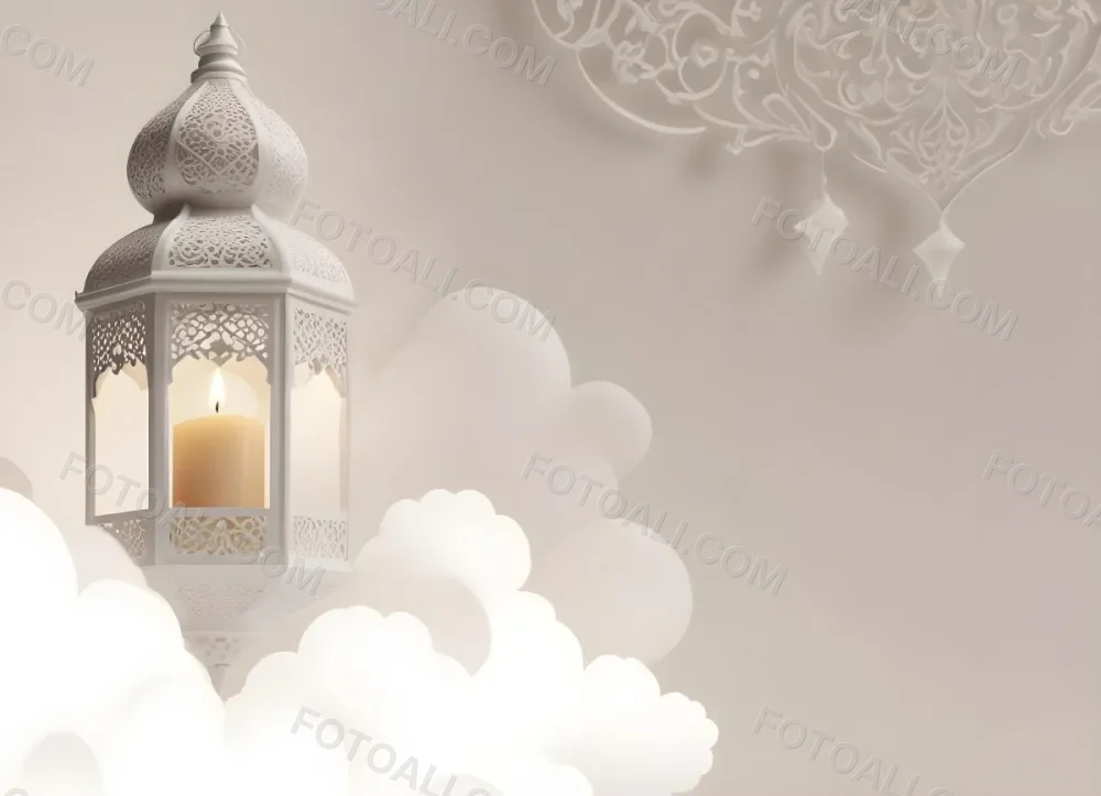3d Model A White Lantern With Candle On A Cloud White Background With Arabesque Pattern Islamic Design Ramadan Kareem Figure Octane Render Volumetric Highly Detailed Videogame Aesthetic 38 B1dd