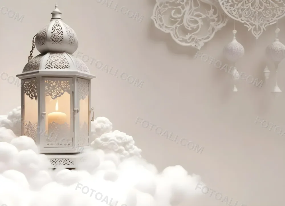 3d Model A White Lantern With Candle On A Cloud White Background With Arabesque Pattern Islamic Design Ramadan Kareem Figure Octane Render Volumetric Highly Detailed Videogame Aesthetic 40 60d4