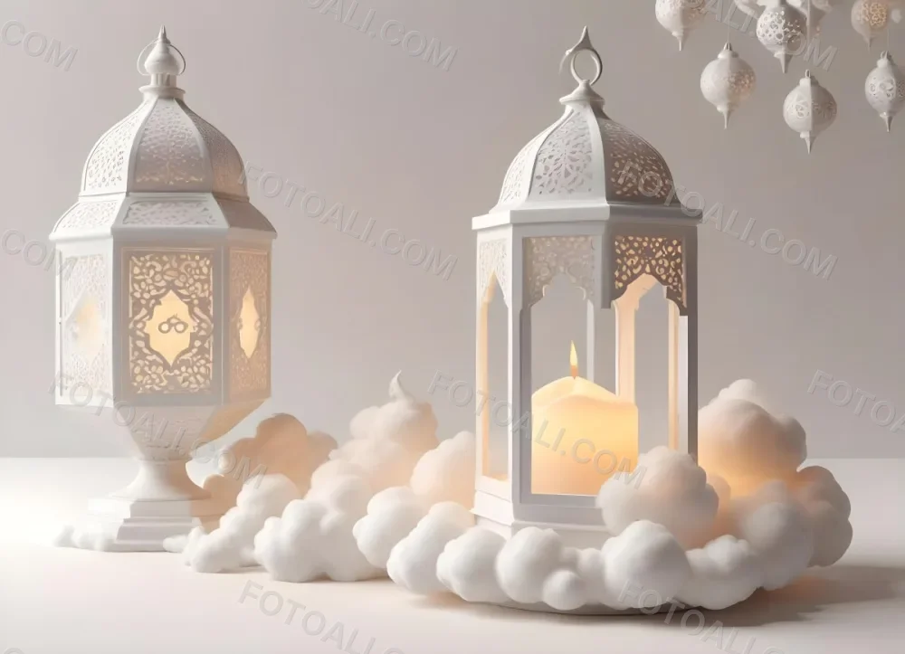 3d Model A White Lantern With Candle On A Cloud White Background With Arabesque Pattern Islamic Design Ramadan Kareem Figure Octane Render Volumetric Highly Detailed Videogame Aesthetic 5 8ea3