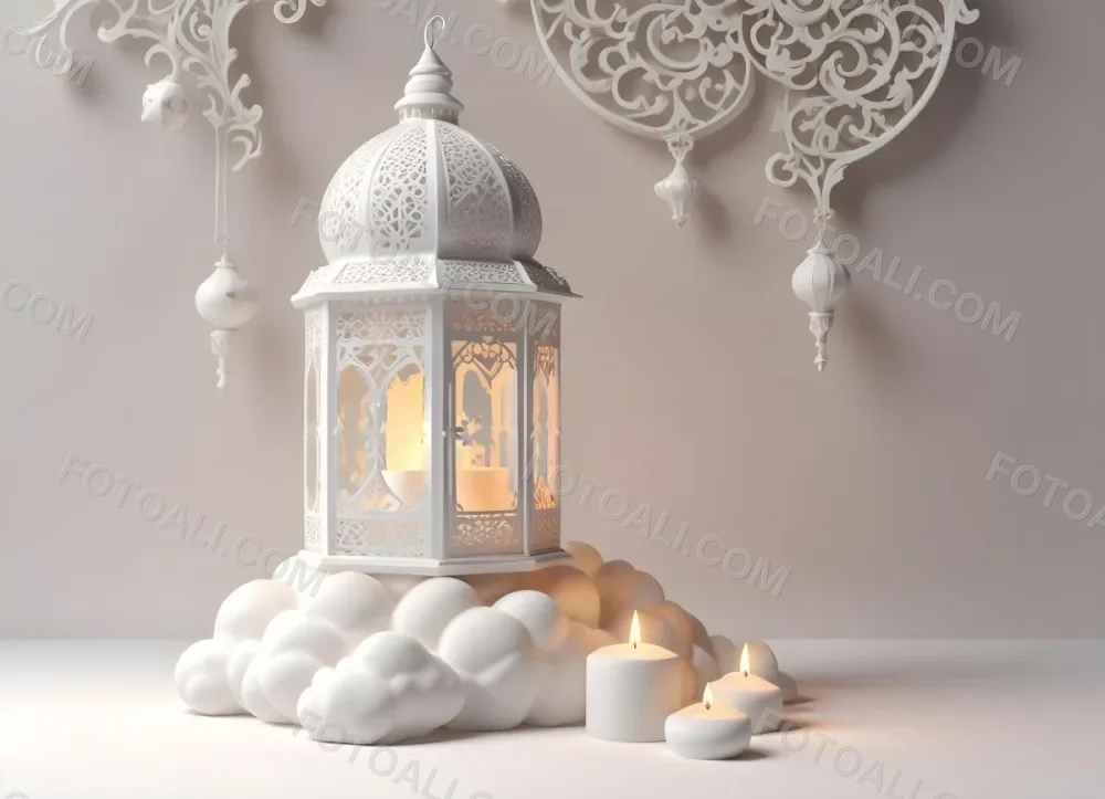3d Model A White Lantern With Candle On A Cloud White Background With Arabesque Pattern Islamic Design Ramadan Kareem Figure Octane Render Volumetric Highly Detailed Videogame Aesthetic 7 C052