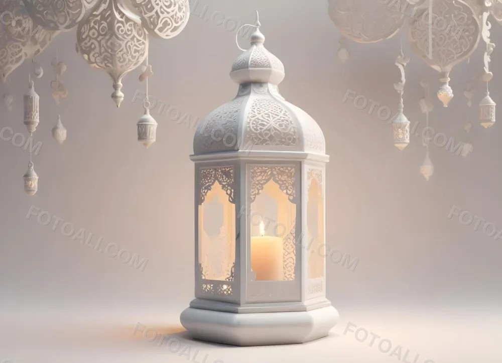 3d Model A White Lantern With Candle On A Cloud White Background With Arabesque Pattern Islamic Design Ramadan Kareem Figure Octane Render Volumetric Highly Detailed Videogame Aesthetic 9 5364