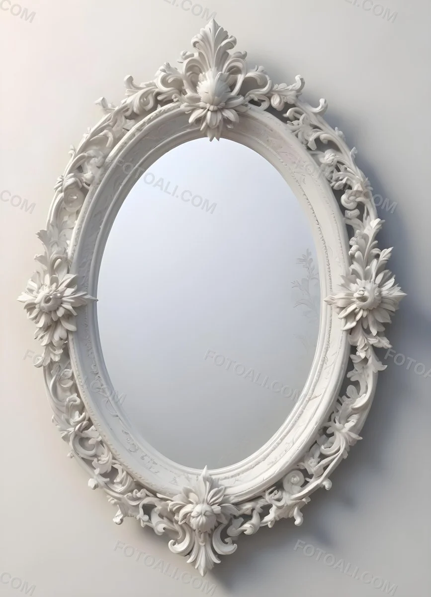 3d Model A White Ornate Oval Mirror With A Decorative Floral Frame Figure Octane Render Volumetric Highly Detailed Videogame Aesthetic 40 Ac9c