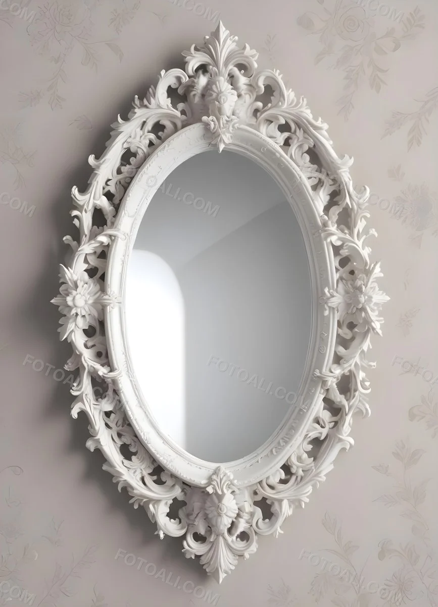 3d Model A White Ornate Oval Mirror With A Decorative Floral Frame Figure Octane Render Volumetric Highly Detailed Videogame Aesthetic 6 785c
