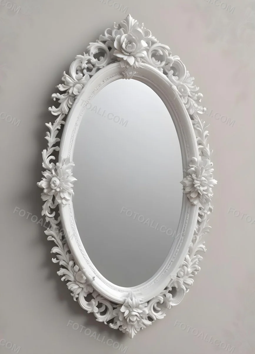 3d Model A White Ornate Oval Mirror With A Decorative Floral Frame Figure Octane Render Volumetric Highly Detailed Videogame Aesthetic 7 48c1