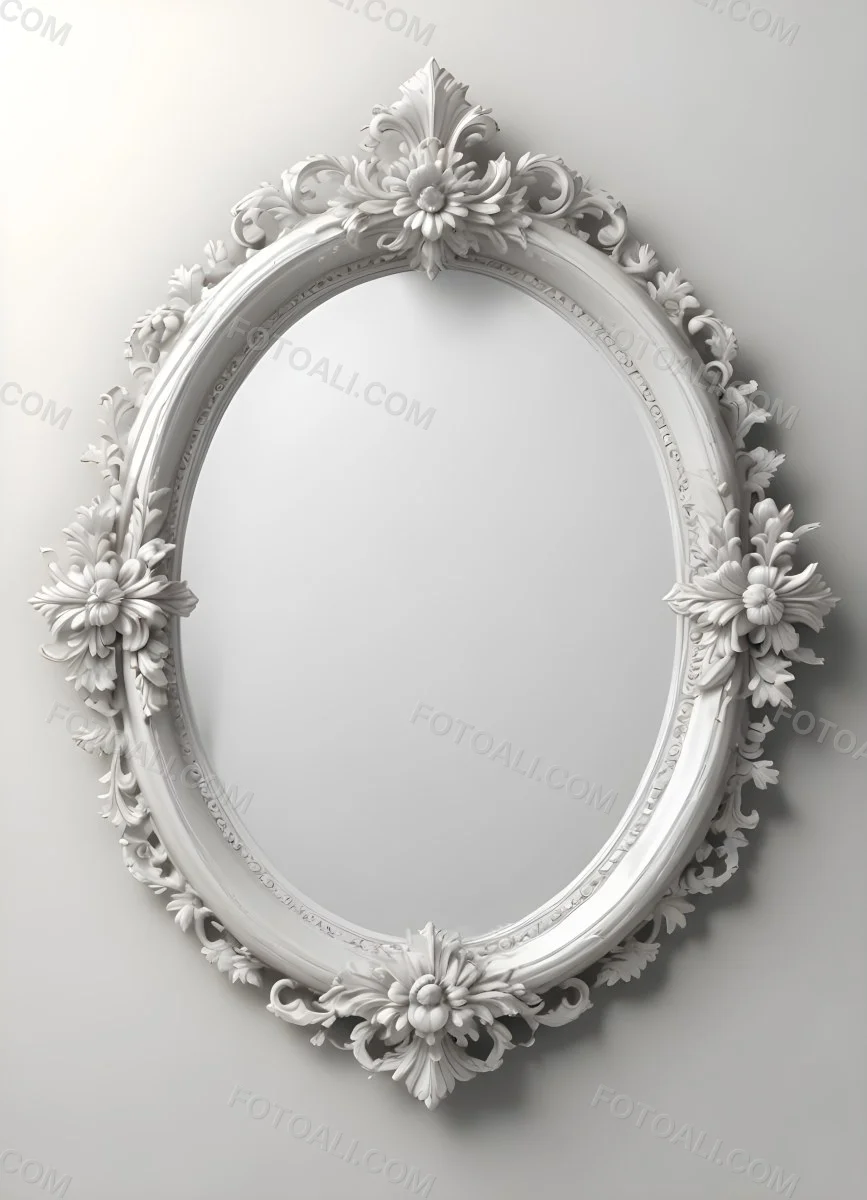 3d Model A White Ornate Oval Mirror With A Decorative Floral Frame Figure Octane Render Volumetric Highly Detailed Videogame Aesthetic 8 F0b5