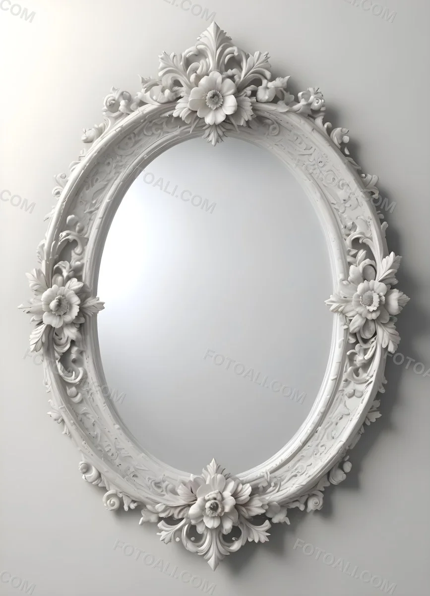 3d Model A White Ornate Oval Mirror With A Decorative Floral Frame Figure Octane Render Volumetric Highly Detailed Videogame Aesthetic 9 666f