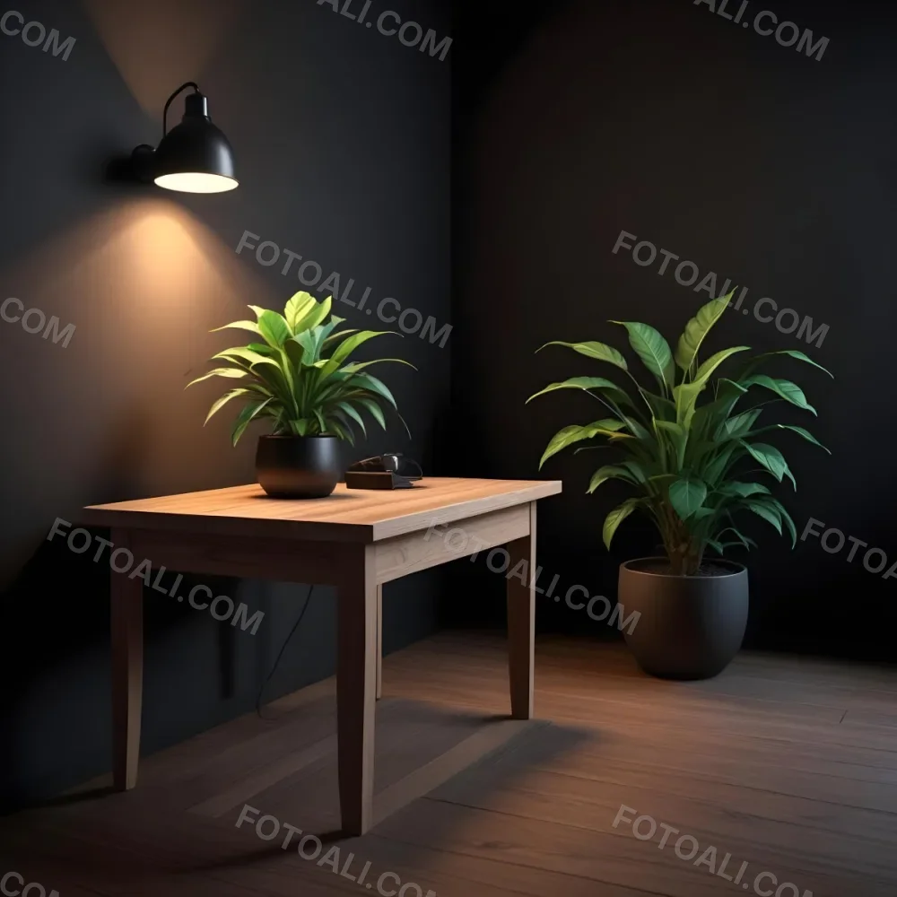 3d Model A Wooden Table With A Plant On The Left A Black Lamp Illuminating The Scene Dark Background Figure Octane Render Volumetric Highly Detailed Videogame Aesthetic 1 Ce31