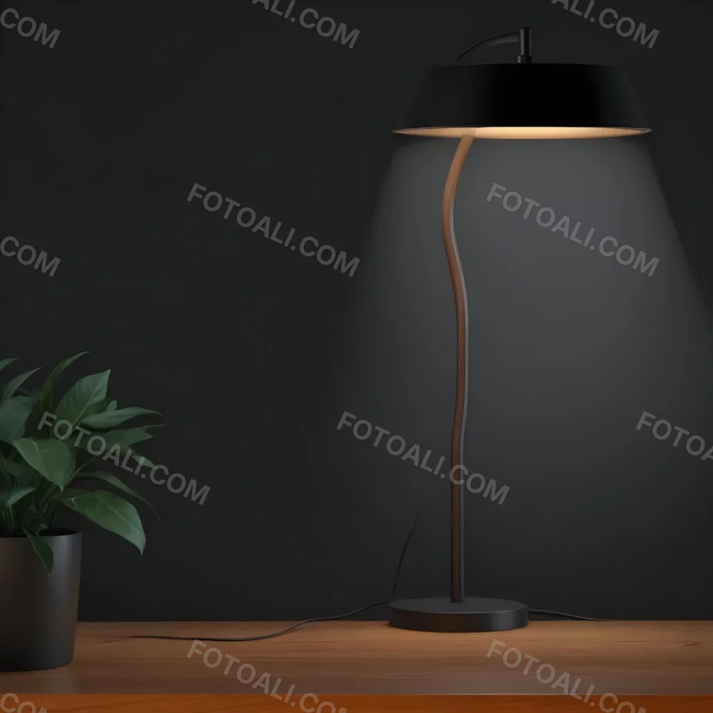 3d Model A Wooden Table With A Plant On The Left A Black Lamp Illuminating The Scene Dark Background Figure Octane Render Volumetric Highly Detailed Videogame Aesthetic 10 7616