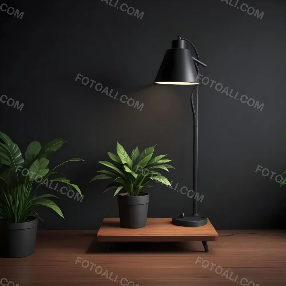 3d Model A Wooden Table With A Plant On The Left A Black Lamp Illuminating The Scene Dark Background Figure Octane Render Volumetric Highly Detailed Videogame Aesthetic 13 E1b3
