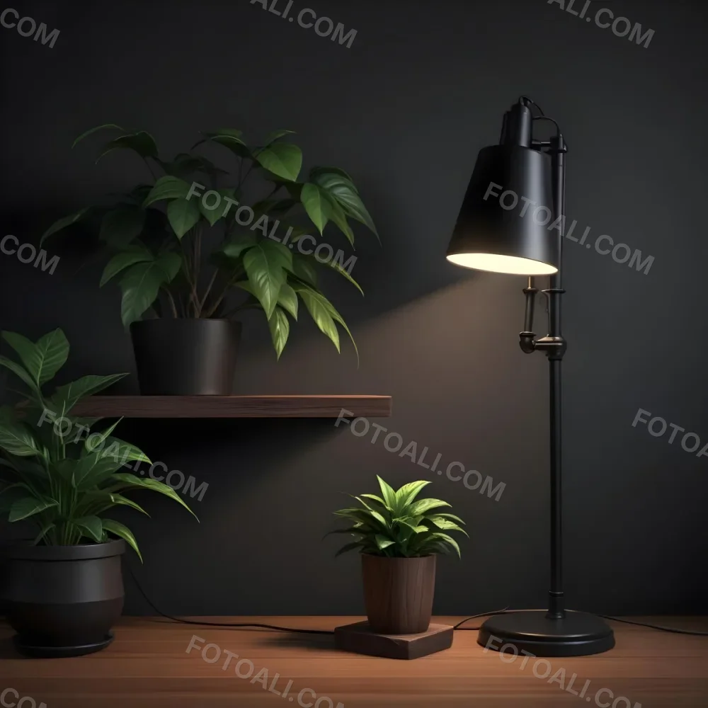 3d Model A Wooden Table With A Plant On The Left A Black Lamp Illuminating The Scene Dark Background Figure Octane Render Volumetric Highly Detailed Videogame Aesthetic 14 Cc9f