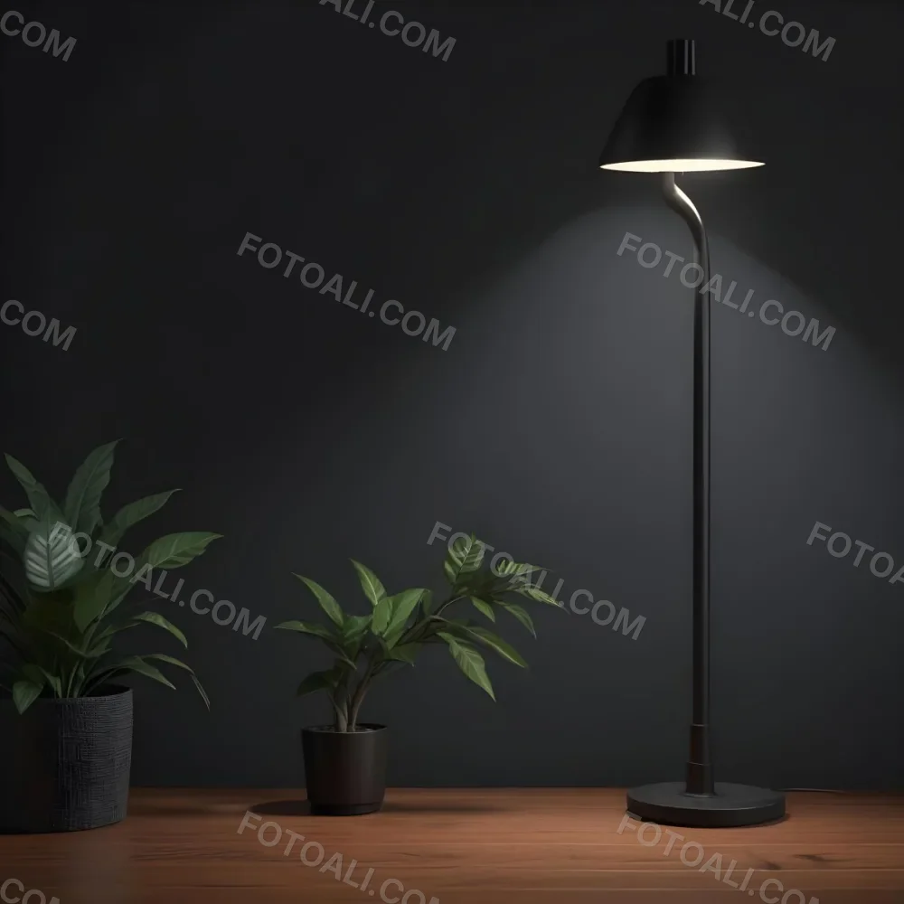 3d Model A Wooden Table With A Plant On The Left A Black Lamp Illuminating The Scene Dark Background Figure Octane Render Volumetric Highly Detailed Videogame Aesthetic 16 429d