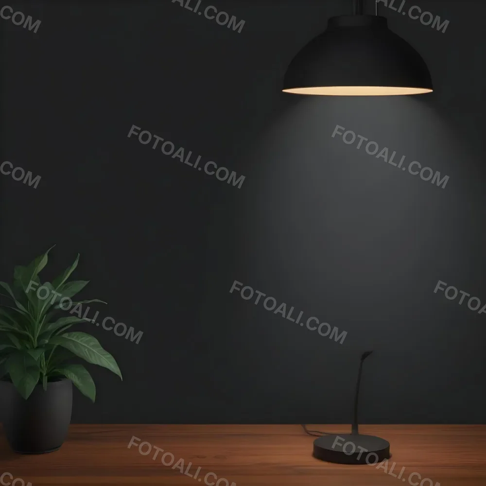 3d Model A Wooden Table With A Plant On The Left A Black Lamp Illuminating The Scene Dark Background Figure Octane Render Volumetric Highly Detailed Videogame Aesthetic 17 55d9
