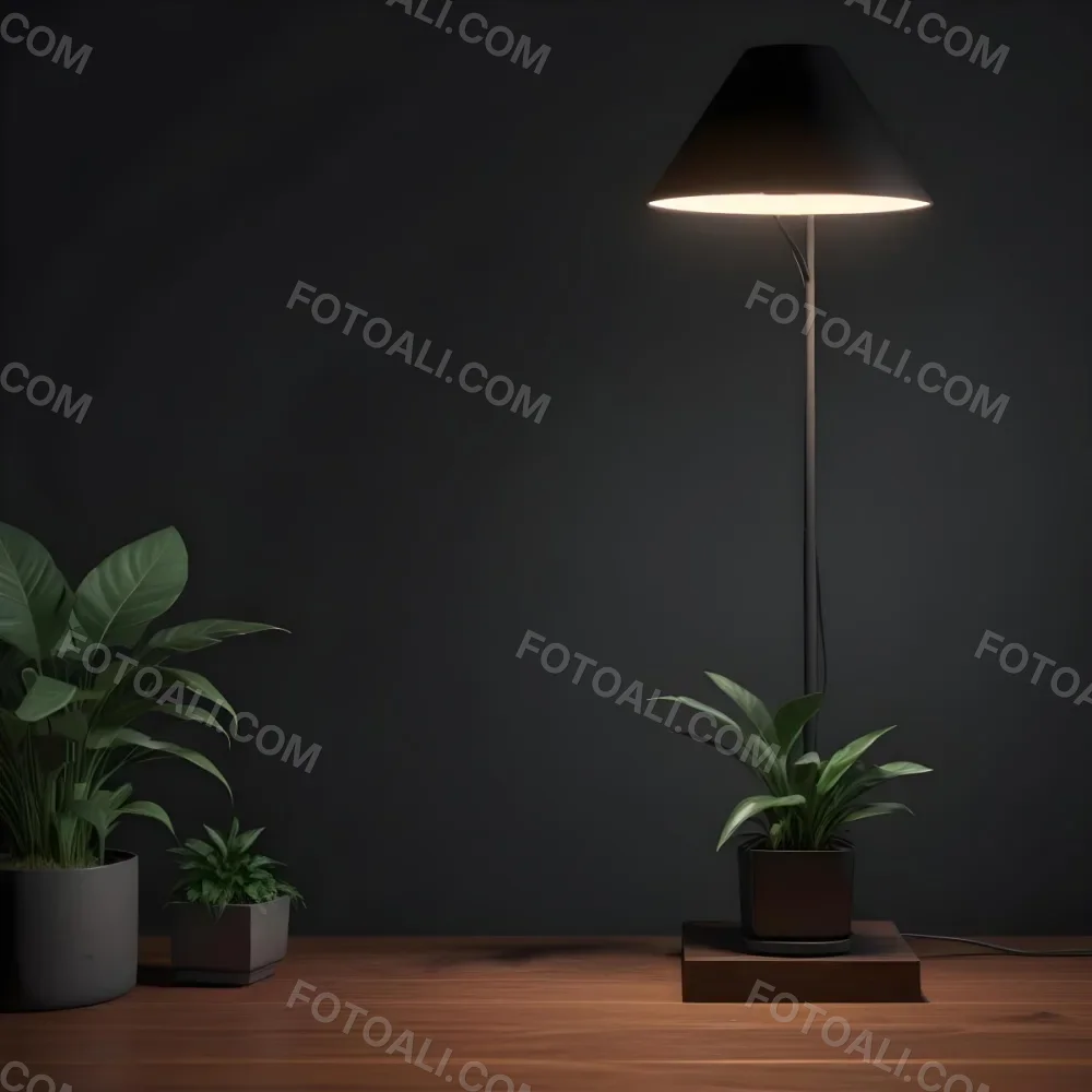 3d Model A Wooden Table With A Plant On The Left A Black Lamp Illuminating The Scene Dark Background Figure Octane Render Volumetric Highly Detailed Videogame Aesthetic 18 6fc4