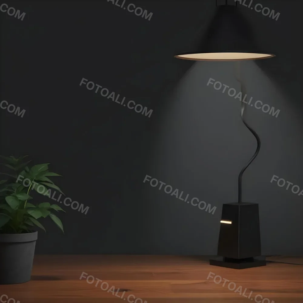 3d Model A Wooden Table With A Plant On The Left A Black Lamp Illuminating The Scene Dark Background Figure Octane Render Volumetric Highly Detailed Videogame Aesthetic 19 793b
