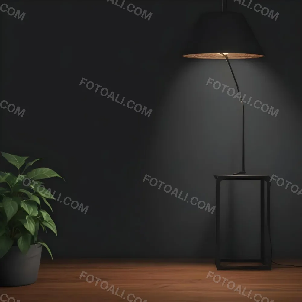 3d Model A Wooden Table With A Plant On The Left A Black Lamp Illuminating The Scene Dark Background Figure Octane Render Volumetric Highly Detailed Videogame Aesthetic 2 8e1f