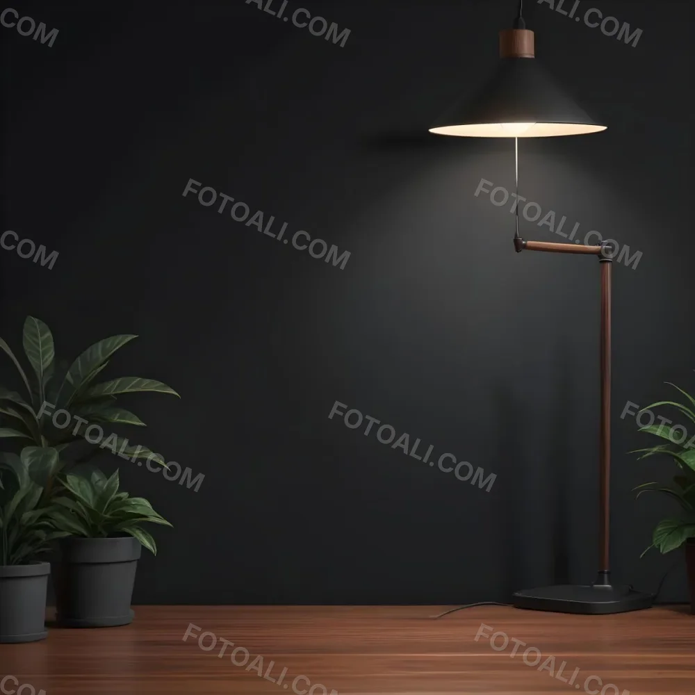 3d Model A Wooden Table With A Plant On The Left A Black Lamp Illuminating The Scene Dark Background Figure Octane Render Volumetric Highly Detailed Videogame Aesthetic 20 6f9d